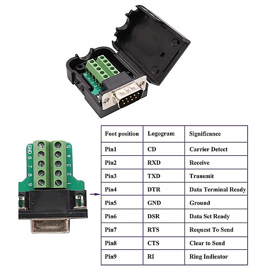 DB9 Screw Terminals To Male RS232 With Shell